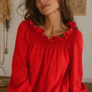 Tuckernuck red blouse with ruffled neckline and sleeves, size XS